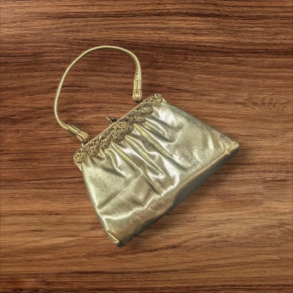 Vintage Joseph Magnin Gold Metallic Evening Purse With Ornate Frame & Satin Inte